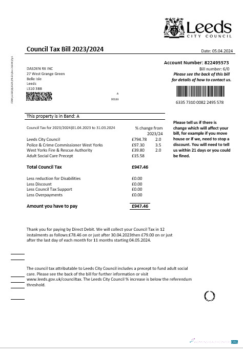 United Kingdom Leeds City Council tax business utility bill template in Word and PDF formats